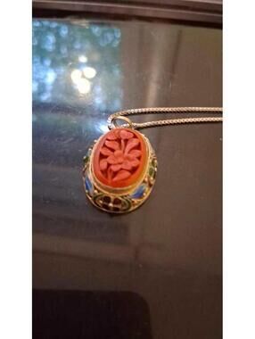 Antique Gilt Silver Ching Period Lacquer & Enamel Cinnabar Pendant from China.